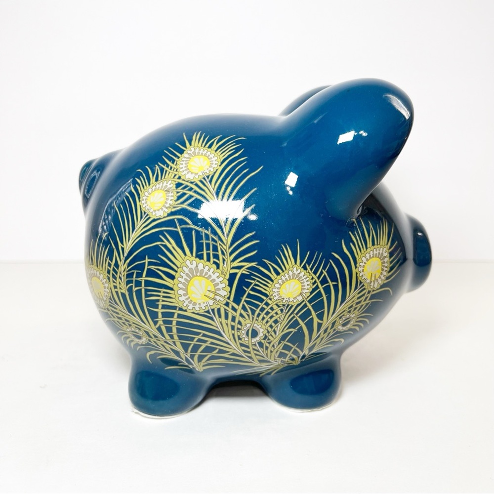 Ceramic Piggy Bank – Peacock Feather Design – Deep Teal Blue